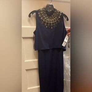 NWT navy blue jeweled, sleeveless floor length dress
